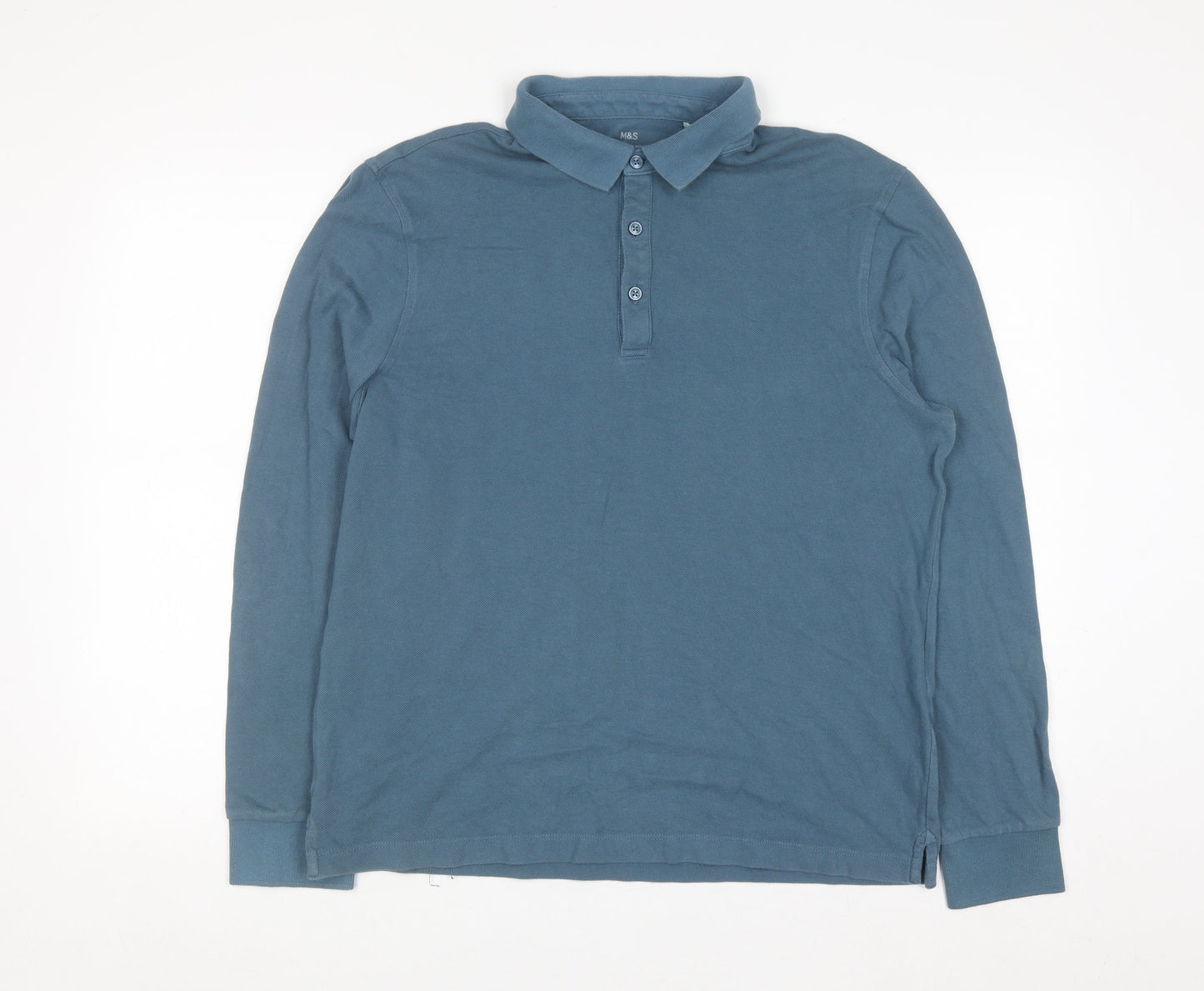 Marks and Spencer Men's Blue Long Sleeve Regular Fit Cotton Polo L