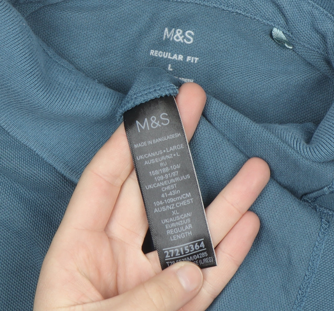 Marks and Spencer Men's Blue Long Sleeve Regular Fit Cotton Polo L
