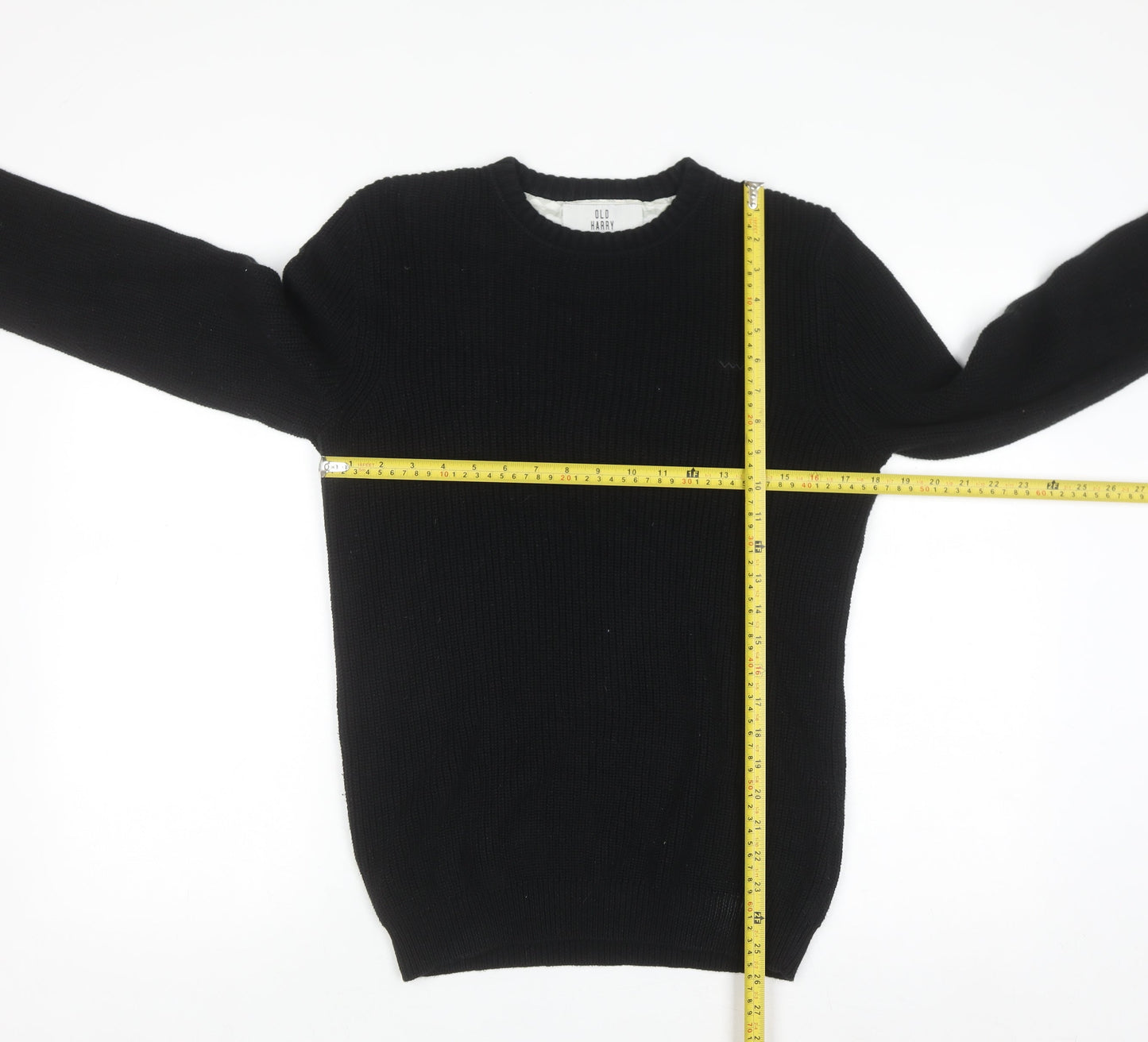 Old Harry Men's Black Cotton Crew Neck Chunky Pullover Jumper XS