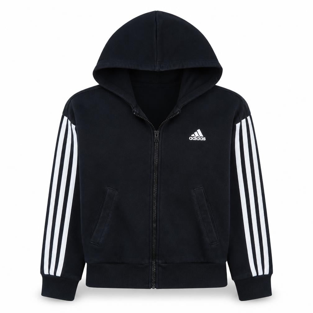 Front view of Adidas women’s black xs full zip hoodie sweatshirt with logo
