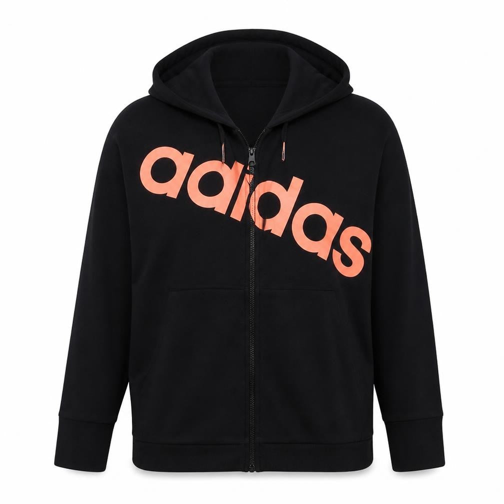 Front view of Adidas women’s black full zip hoodie, size L, 16-18 logo print