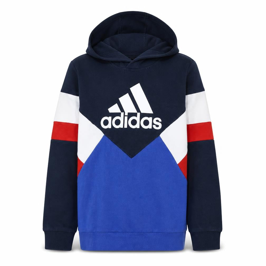 Adidas Boys Blue Colourblock Pullover Hoodie Size 164cm Cotton Blend