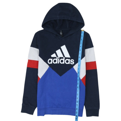 Adidas Boys Blue Colourblock Pullover Hoodie Size 164cm Cotton Blend