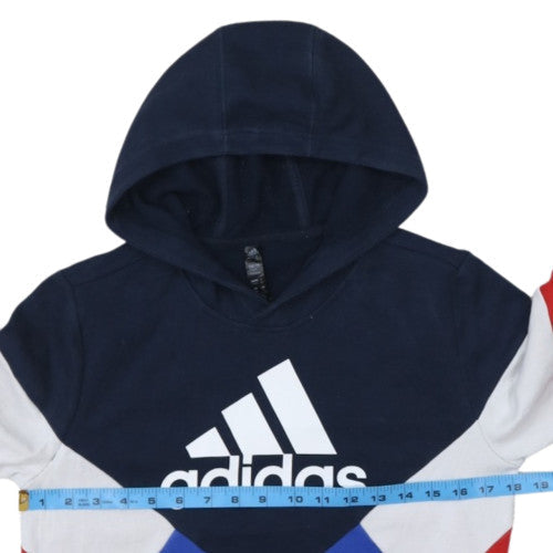 Adidas Boys Blue Colourblock Pullover Hoodie Size 164cm Cotton Blend