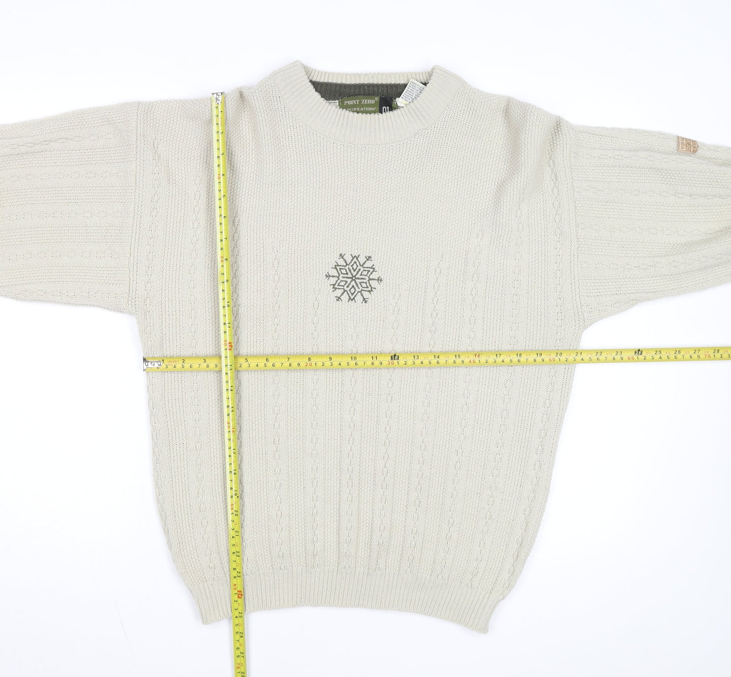 Point Zero Men Beige Crew Neck Cable-Knit Jumper M