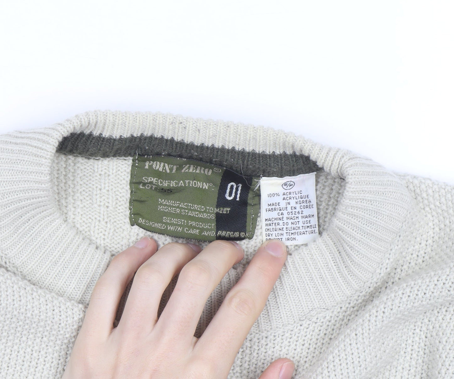 Point Zero Men Beige Crew Neck Cable-Knit Jumper M