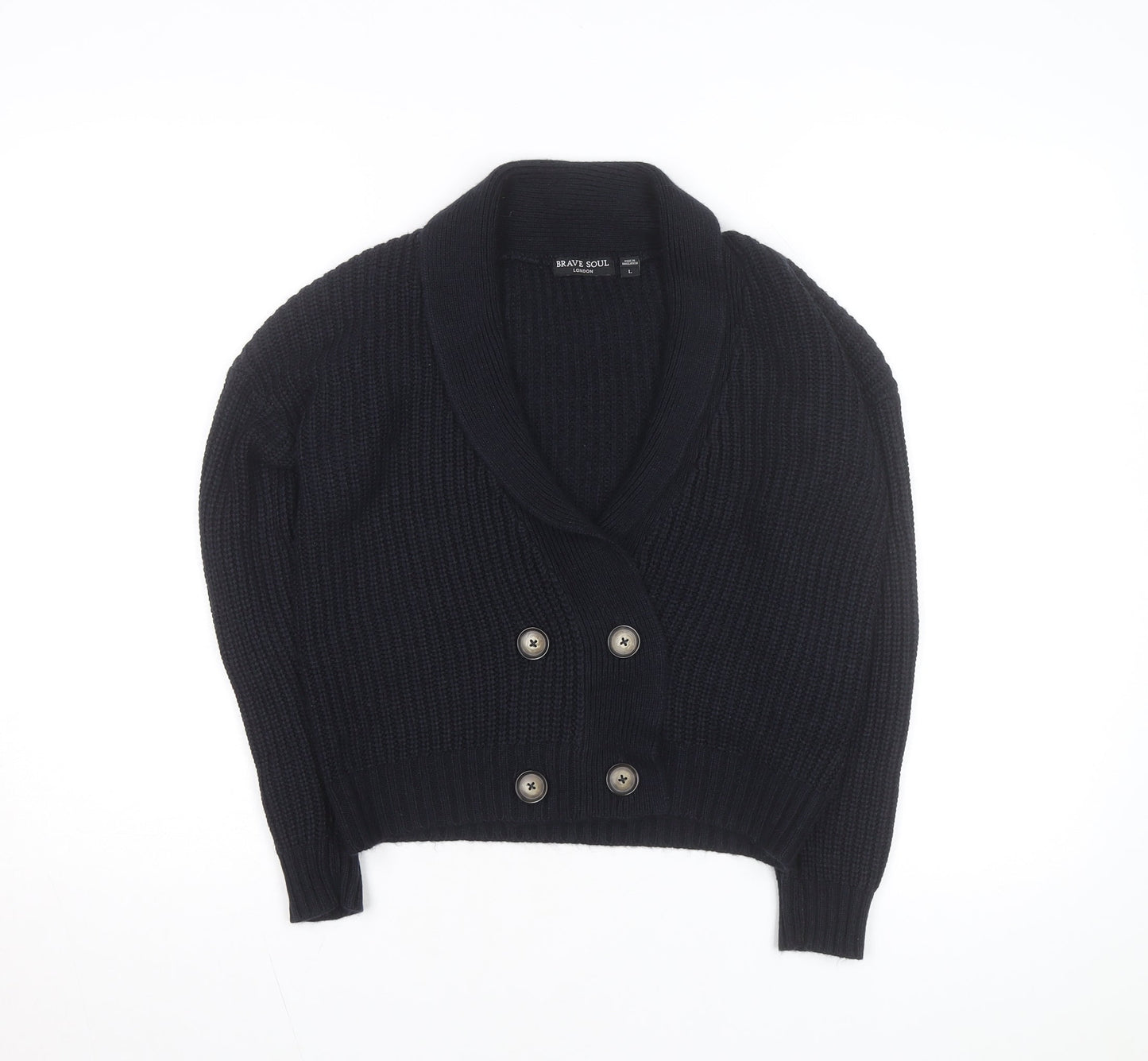Brave Soul Womens Black Chunky Knit Button Cardigan L