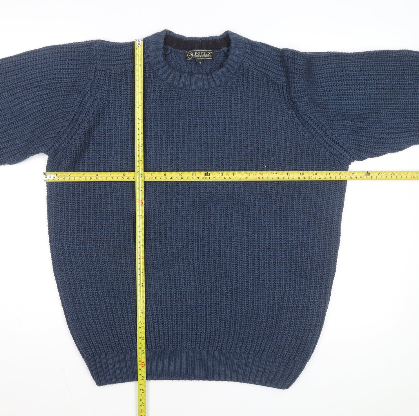 P.G. Field Men's Blue Chunky Knit Acrylic Crew Neck Jumper Size S