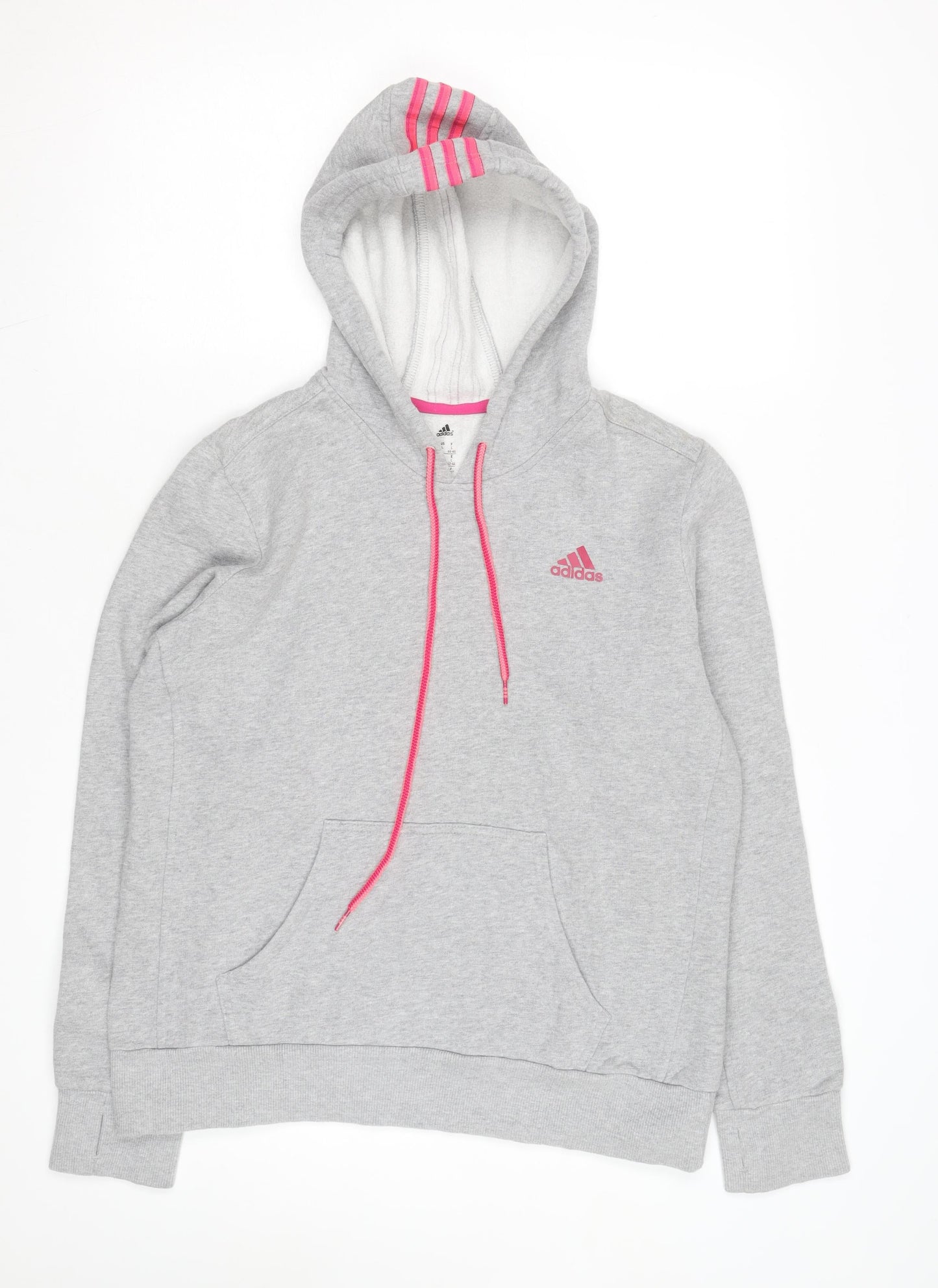 Adidas Womens Grey Hoodie Size L 16-18 Pullover Pink Logo Sportswear