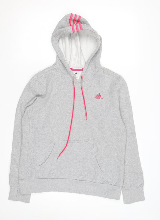 Adidas Womens Grey Hoodie Size L 16-18 Pullover Pink Logo Sportswear