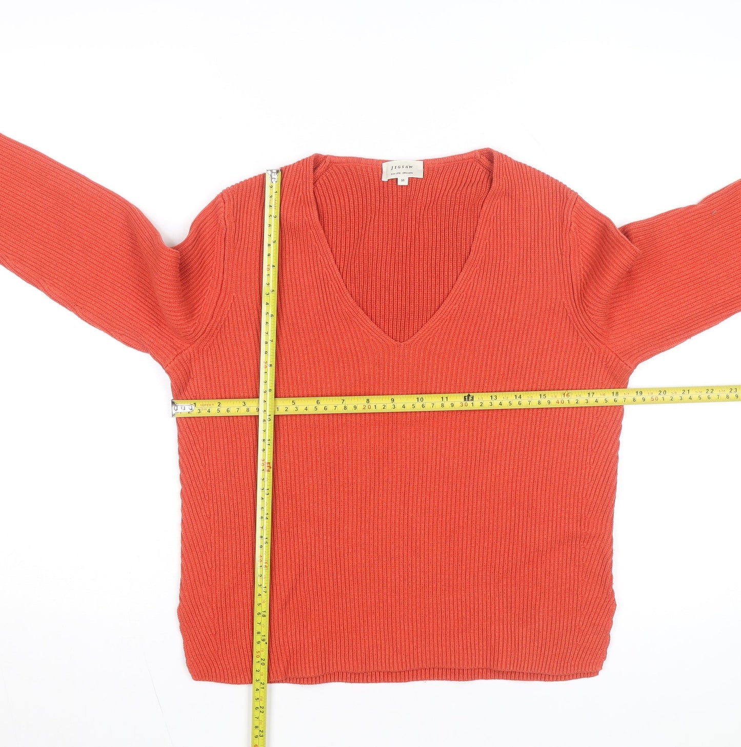 Jigsaw Women's Orange V-Neck Ribbed Knit Jumper Size M