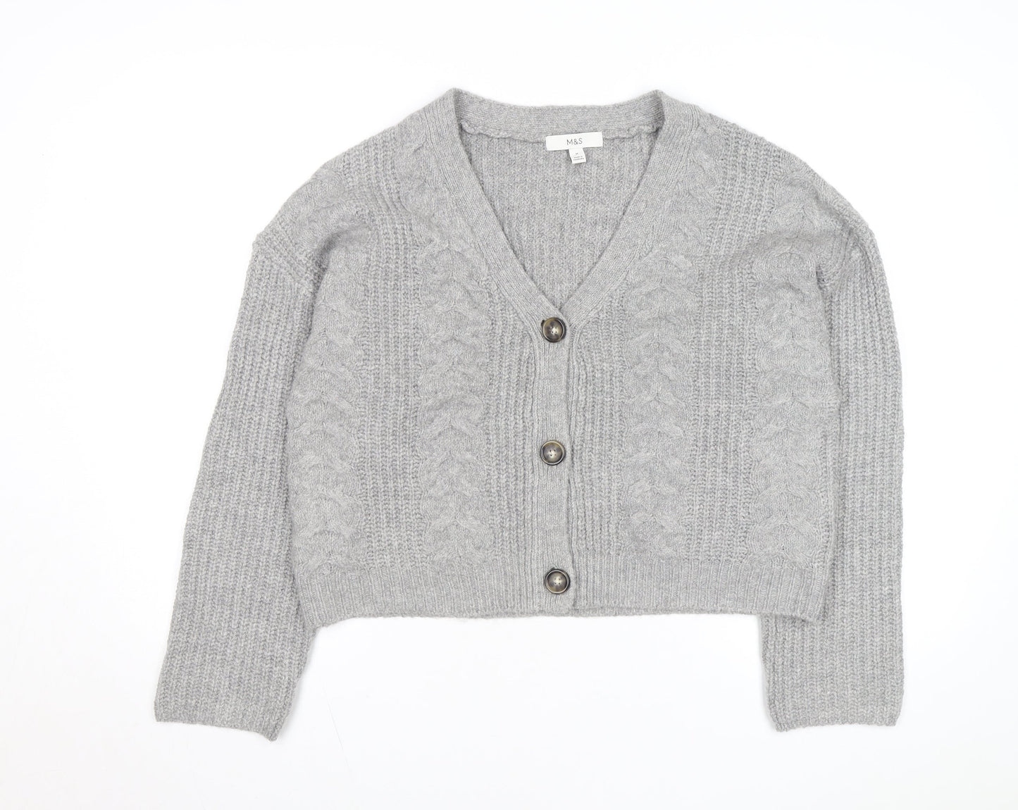 Marks and Spencer Women's Grey Cable Knit V-Neck Cardigan M