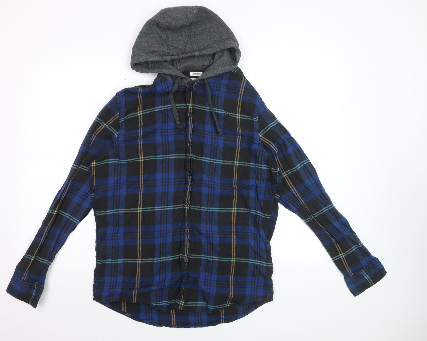 American Eagle Outfitters Men's Blue Plaid Flannel Hooded Button-Up Shirt M