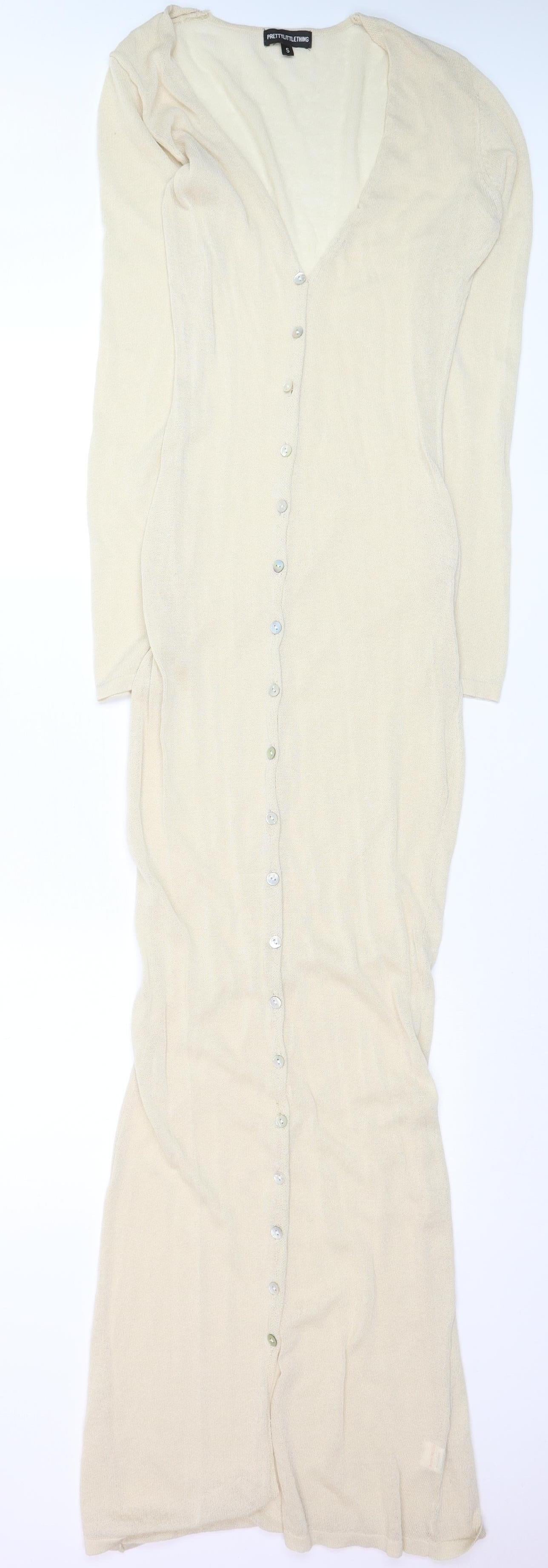 PrettyLittleThing Women Beige Long Sleeve Knit Button Dress Size S