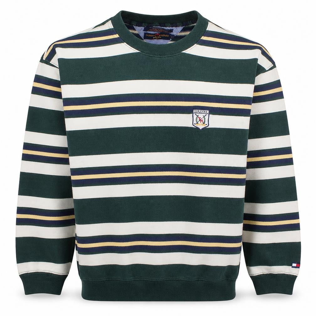 Tommy Hilfiger Men's Green Striped Crew Neck Sweatshirt M Classic Retro