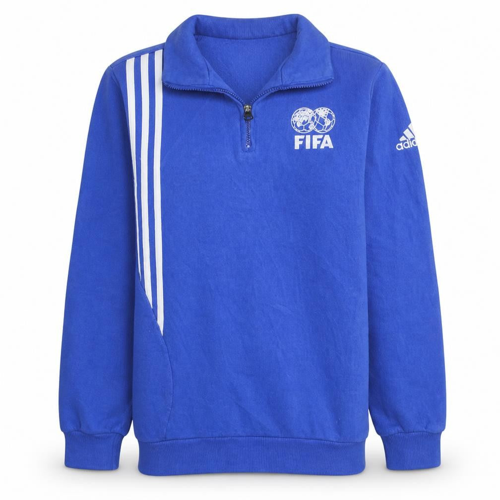 Front view of Adidas men’s blue fifa 1/4 zip sweatshirt small sports logo