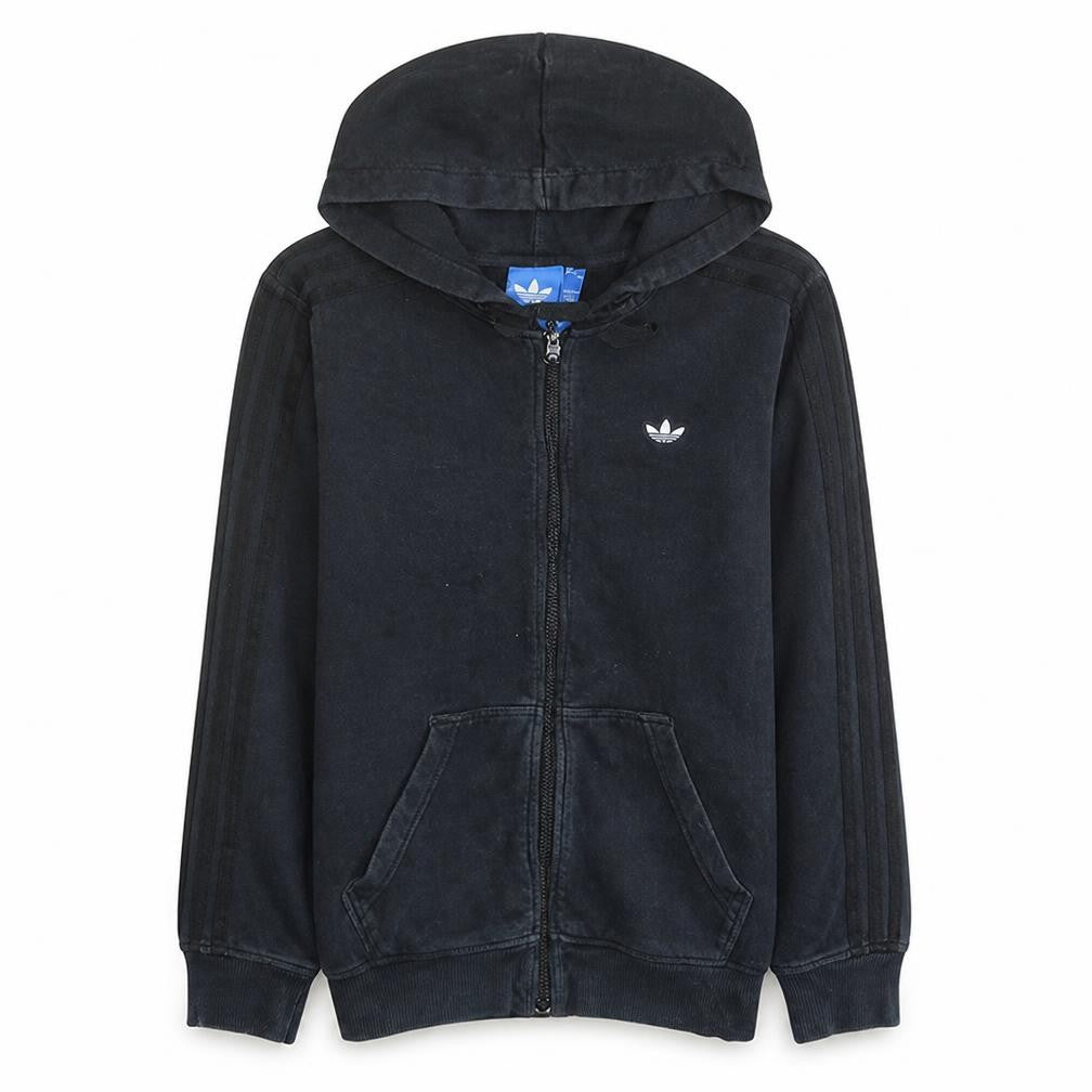 Front view of Adidas men’s black full zip hoodie, size S, classic hooded sweatshirt