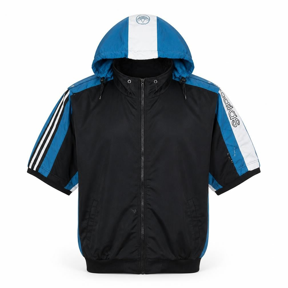 Front view of Adidas men’s black blue full zip short sleeve hoodie l sportswear