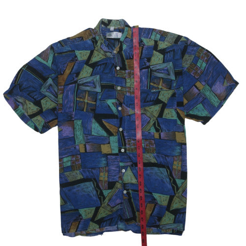 New Fast Men's Blue Geometric 90s Retro Short Sleeve Button-Up Shirt L