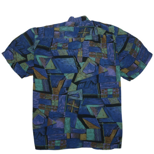 New Fast Men's Blue Geometric 90s Retro Short Sleeve Button-Up Shirt L