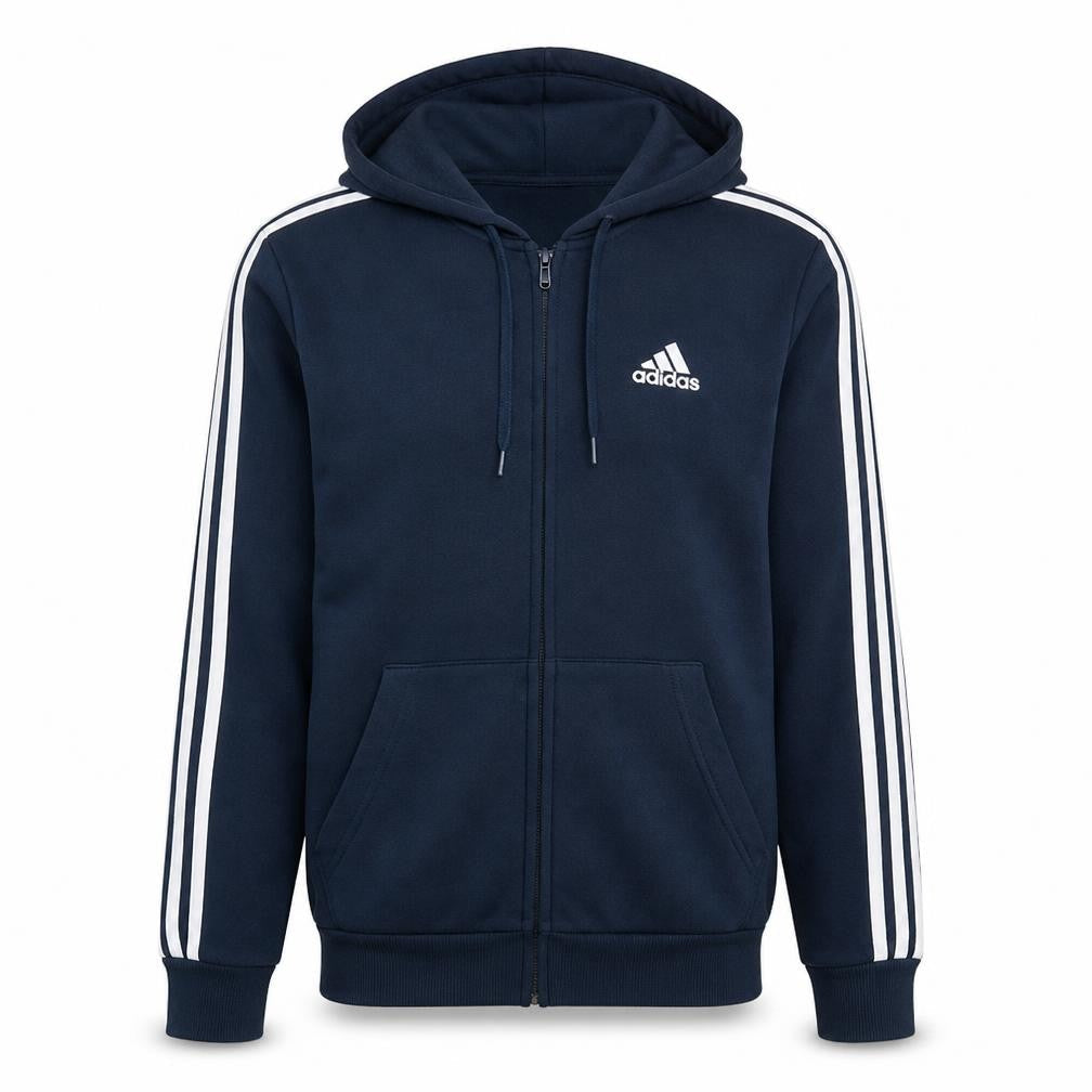 Front view of Adidas men’s blue full zip hoodie medium sports fleece sweatshirt