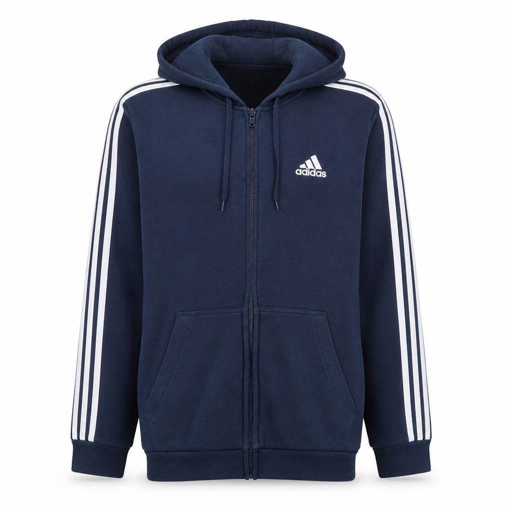 Front view of Adidas men’s blue full zip hoodie m sports fleece regular fit