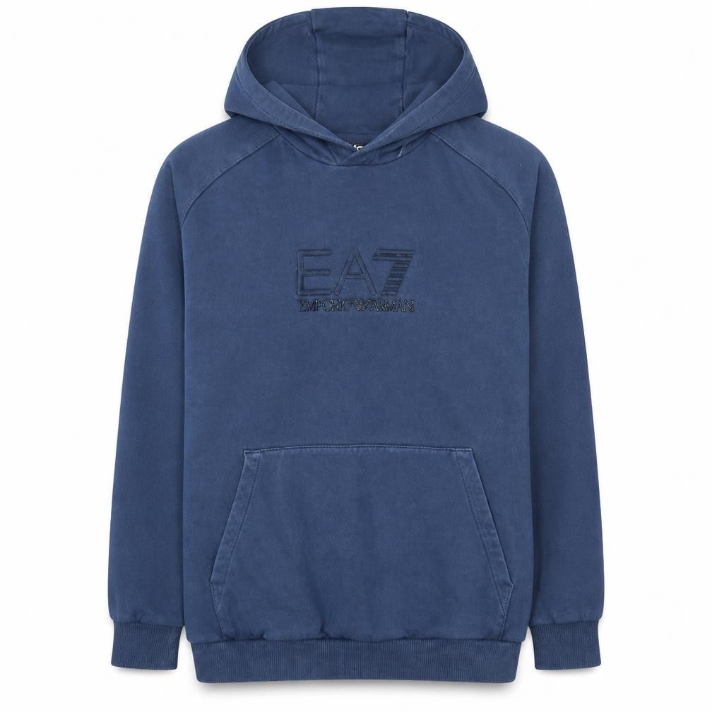 Emporio Armani EA7 Men's Blue Pullover Hoodie Size L Logo Fleece Sweatshirt