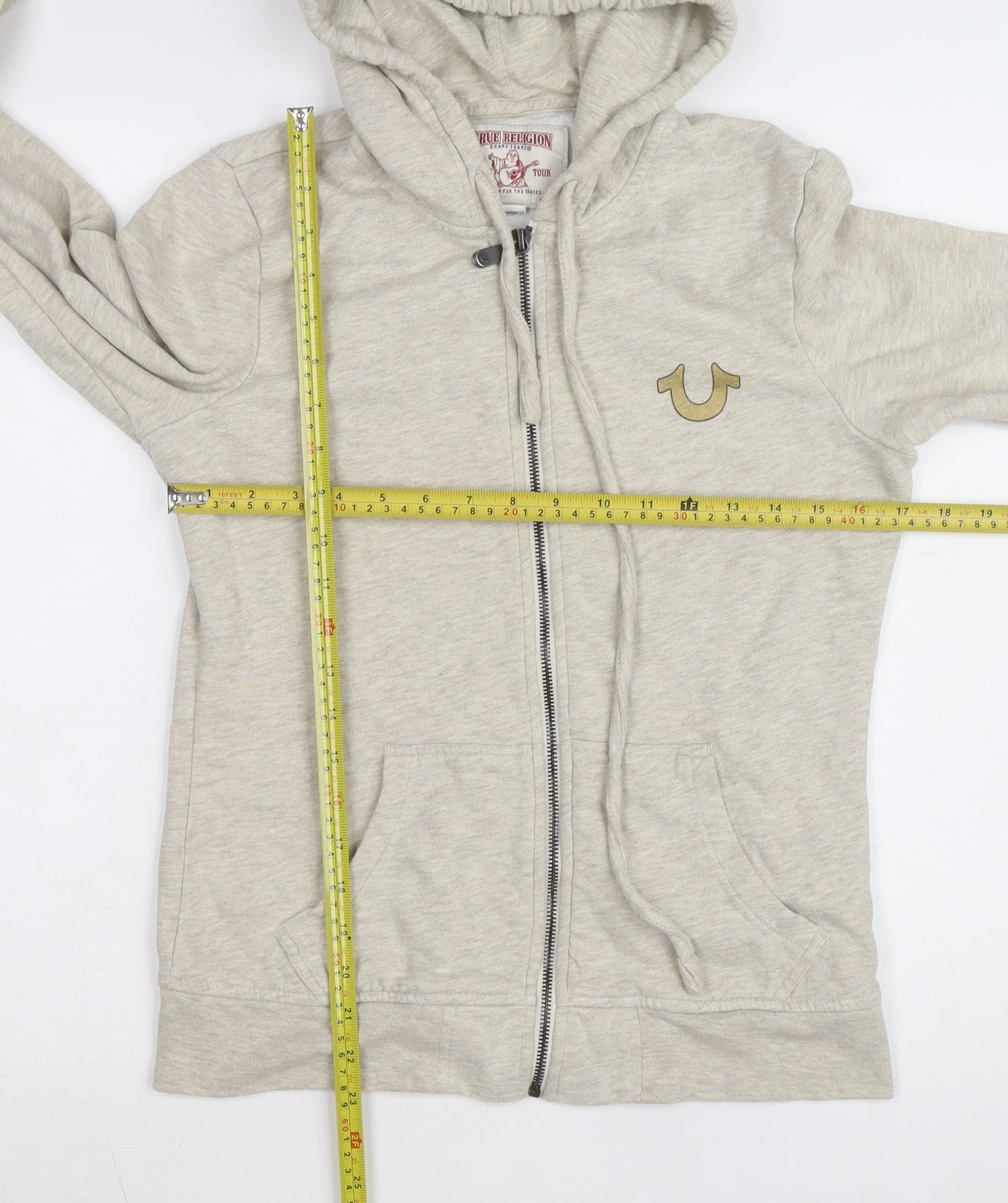 True Religion Mens Beige Full Zip Hoodie Size S Fleece Logo Sweatshirt