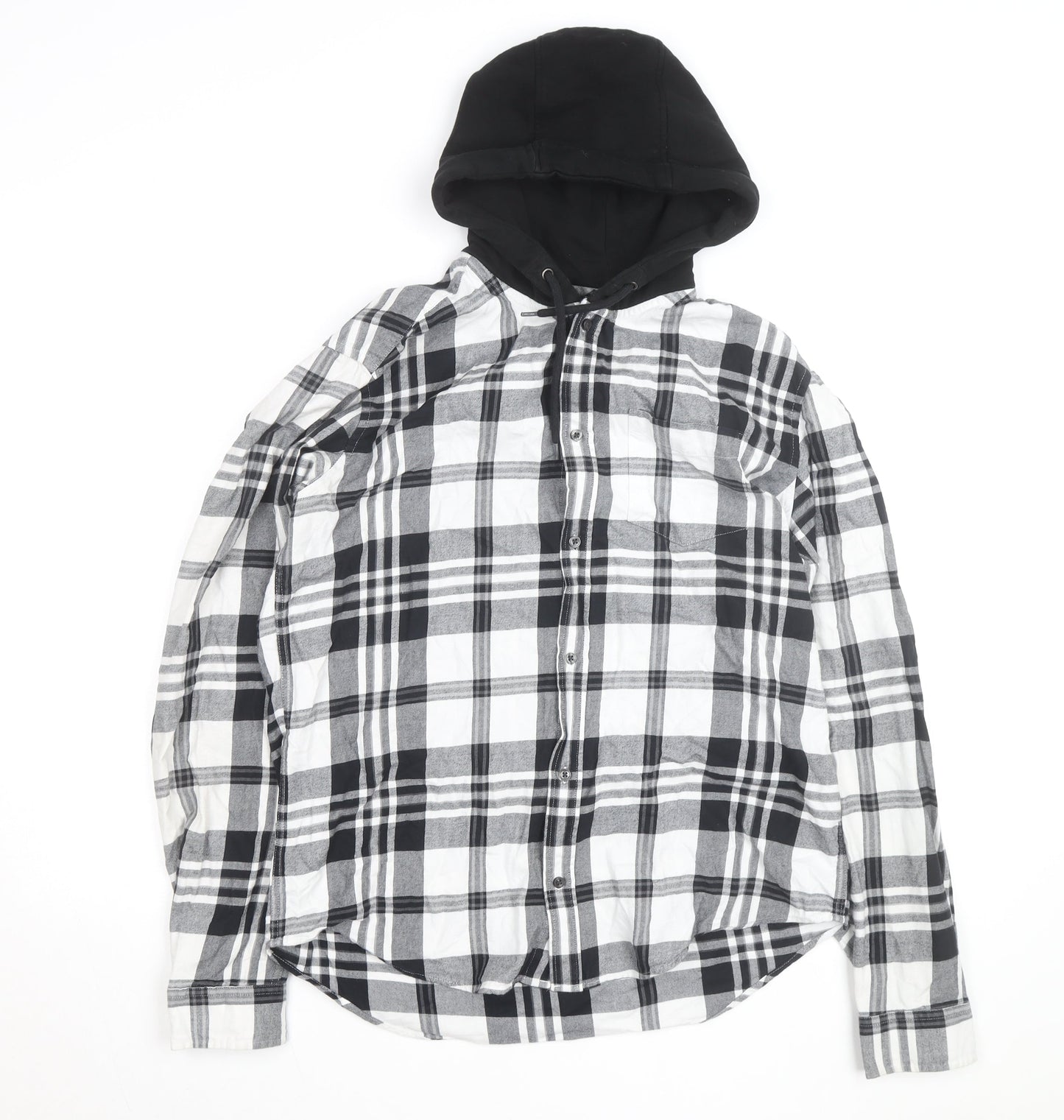 Next Mens Black Checked Flannel Hooded Shirt M Full Zip