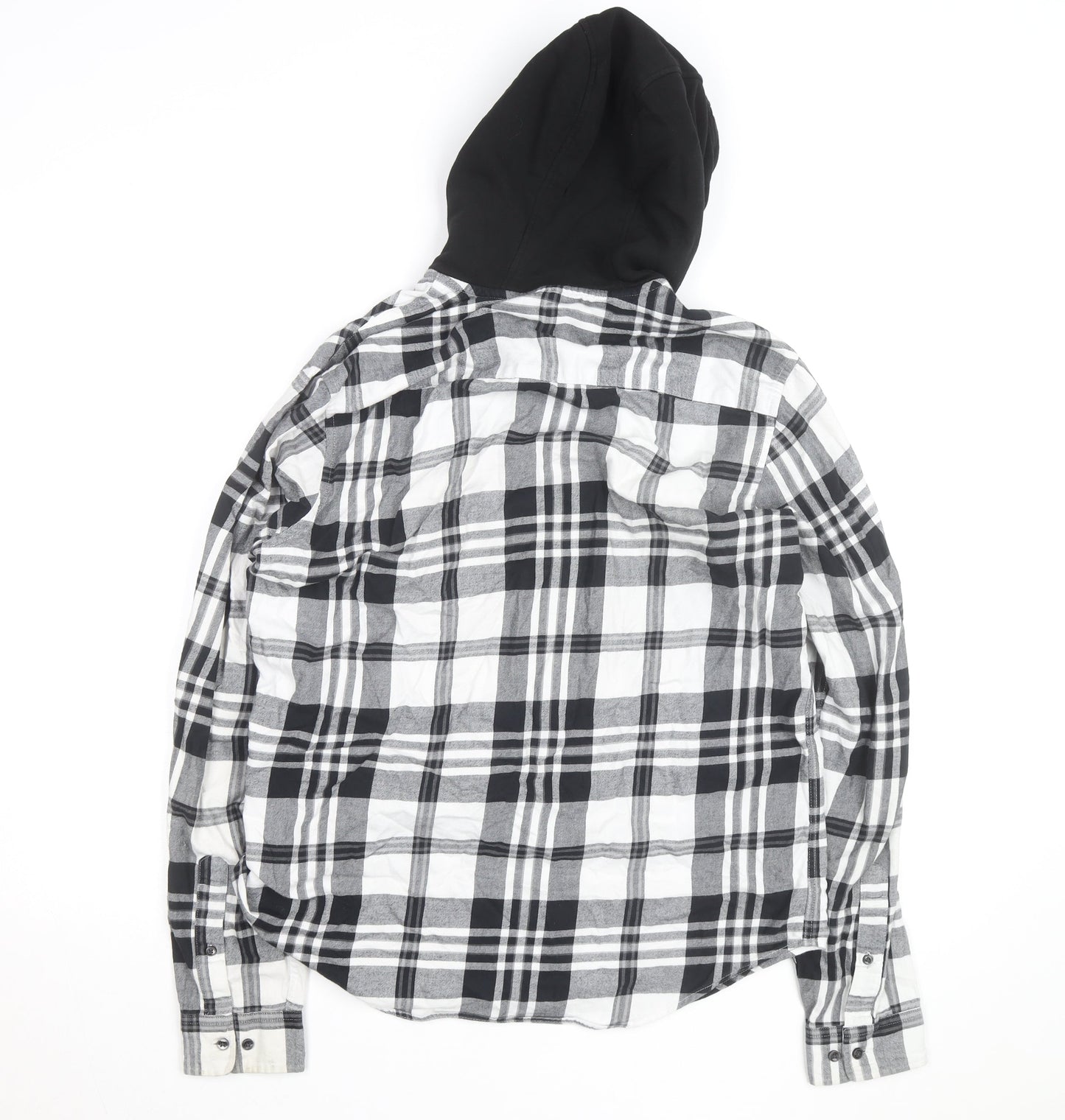 Next Mens Black Checked Flannel Hooded Shirt M Full Zip