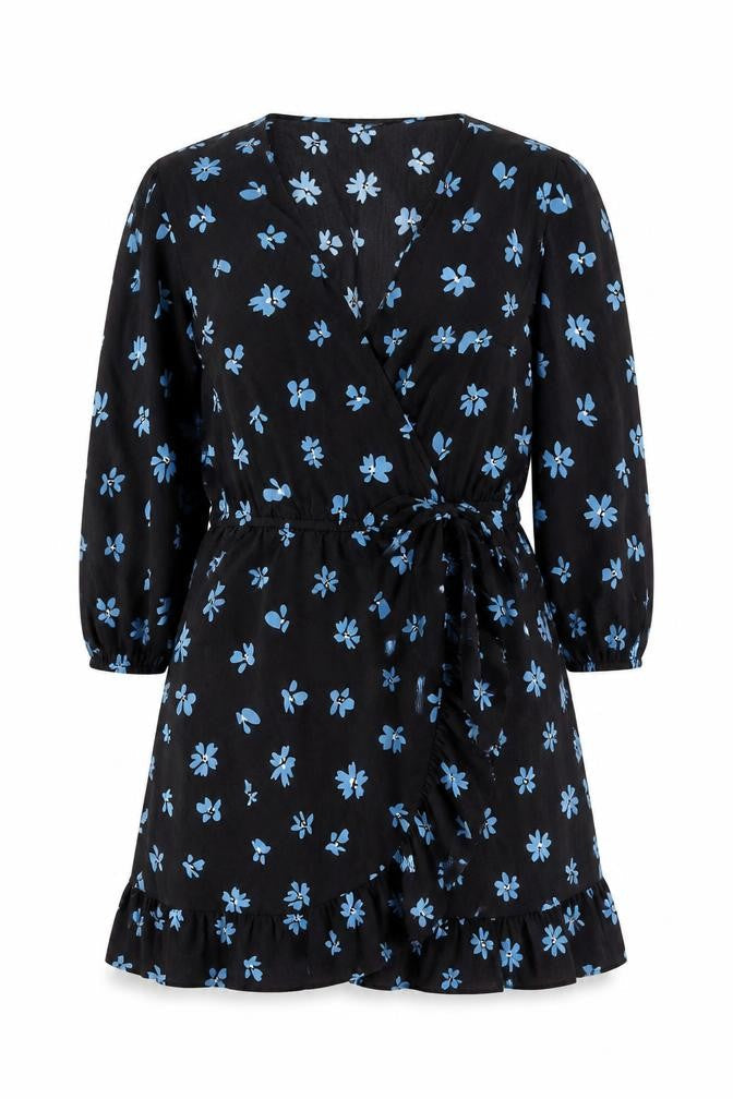 New Look Women Black Blue Floral Wrap Dress Size 16 V-Neck Long Sleeve