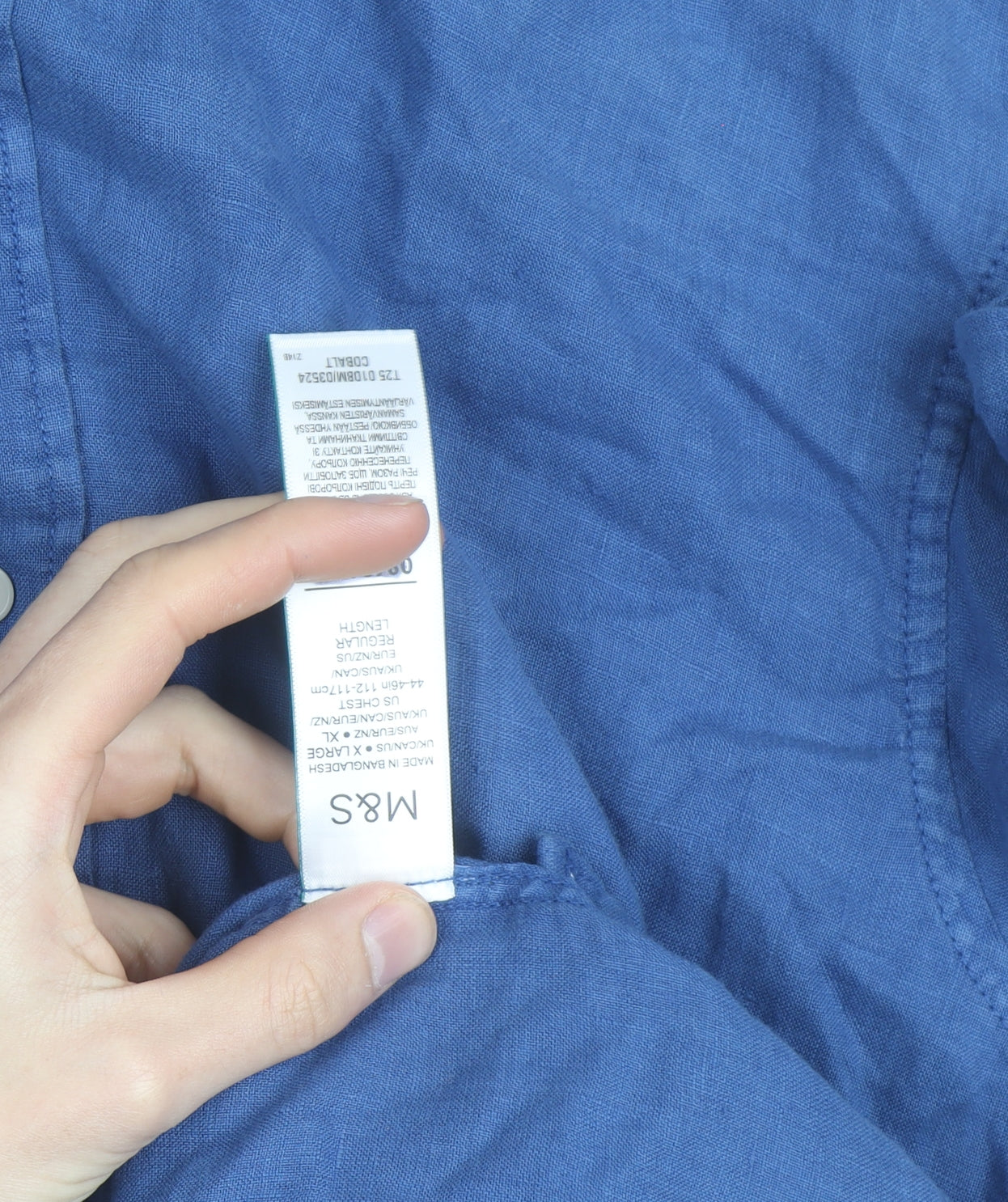 Marks and Spencer Men's Blue Linen Long Sleeve Button-Up Shirt XL