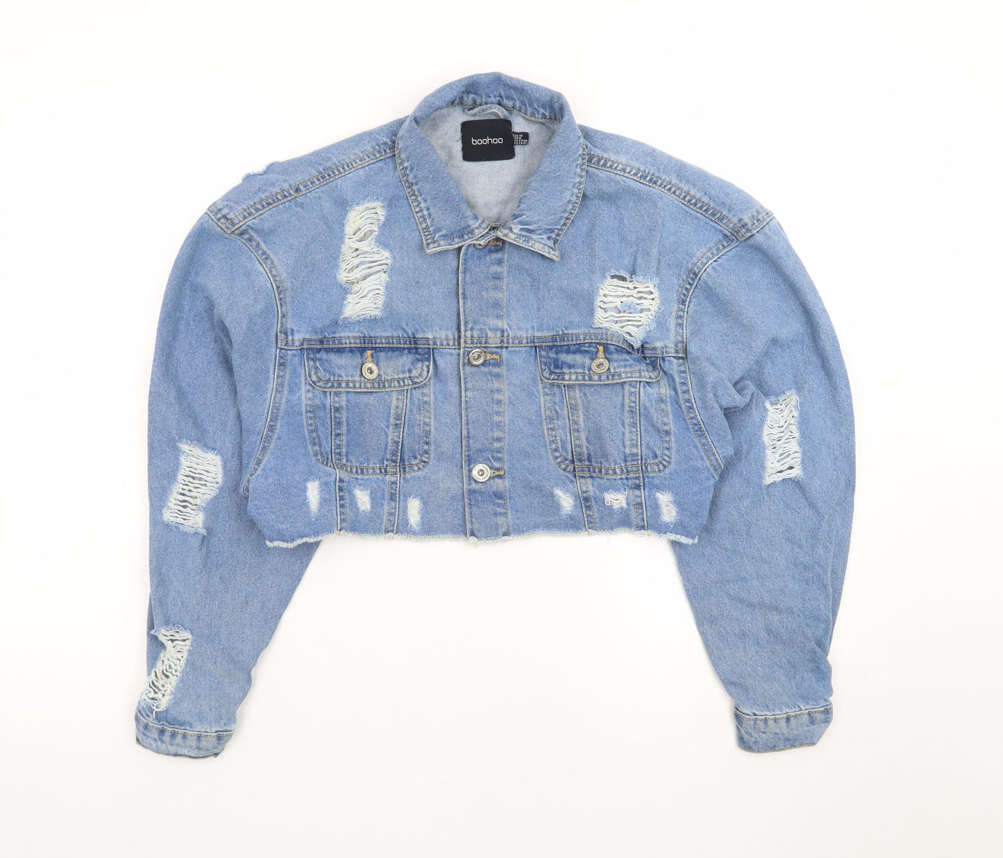Boohoo Women's Blue Cropped Distressed Denim Jacket UK 10