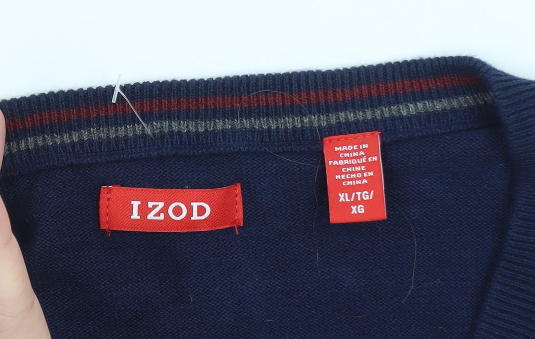 IZOD Men Blue Cotton V-Neck Pullover Jumper XL Classic Knit