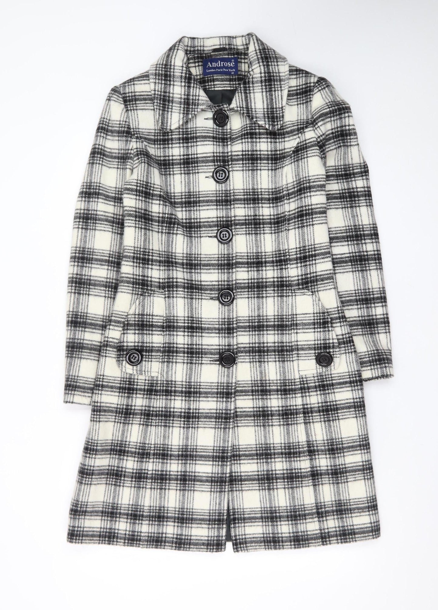 Androse Women's Black Check Wool Blend Mid-Length Overcoat Size 10