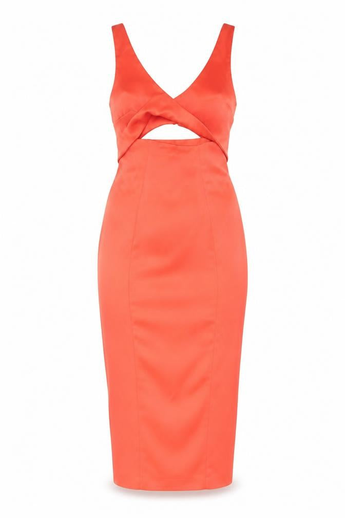 Front view of ASOS Women’s Orange, size UK 8, Bodycon Midi Dress with Cut Out Detail