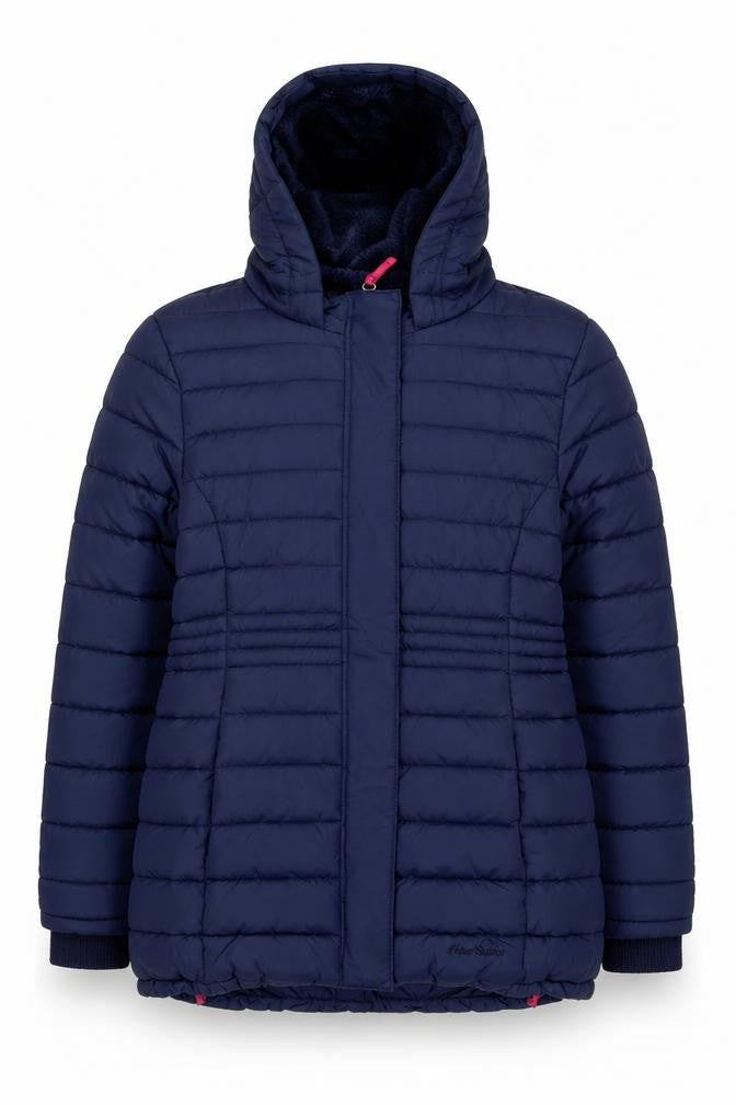 Front view of Peter Storm girls’ blue hooded puffer jacket 11-12 years winter coat