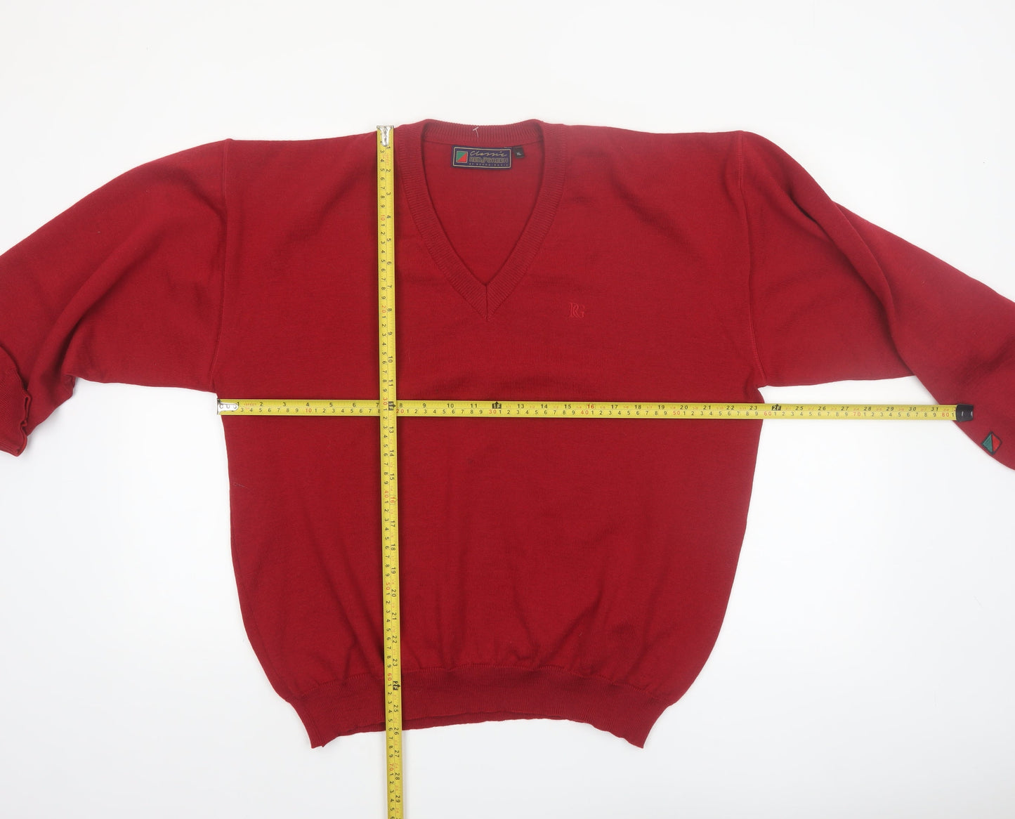 Red/Green Men's Red Wool V-Neck Classic Pullover Jumper XL