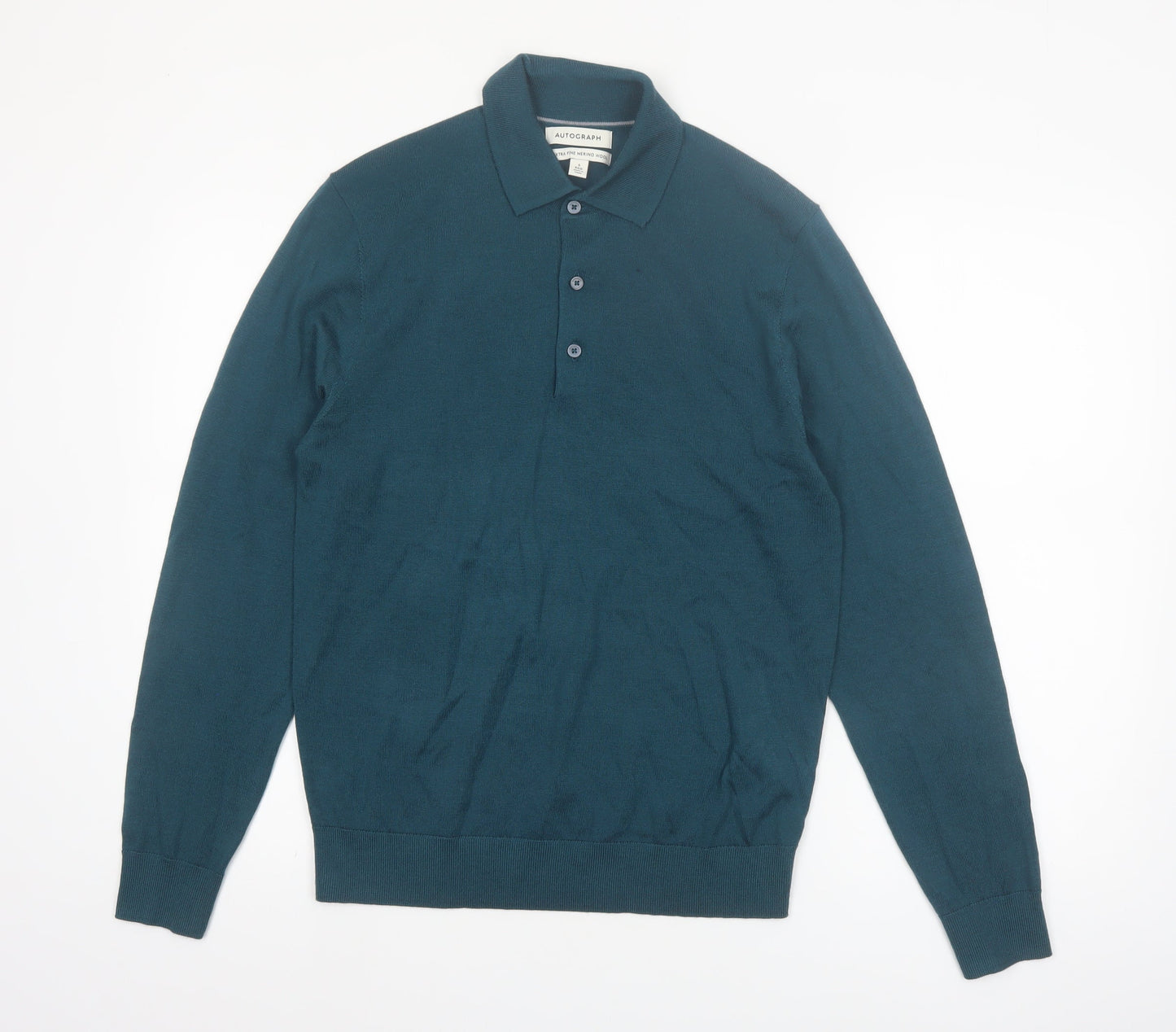Marks and Spencer Men’s Green Merino Wool Collared Pullover Jumper S