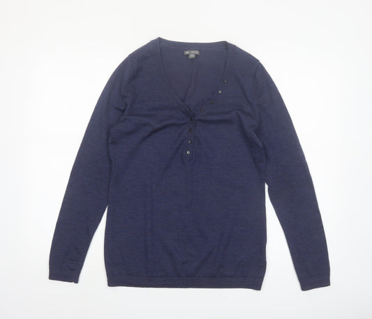 Gap Women's Blue Merino Wool Henley Jumper M V-Neck Long Sleeve