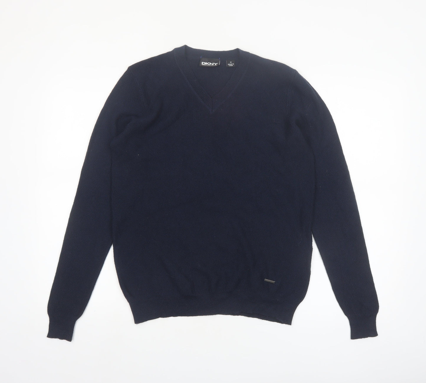 DKNY Men's Blue Wool Blend V-Neck Jumper M Classic Knit