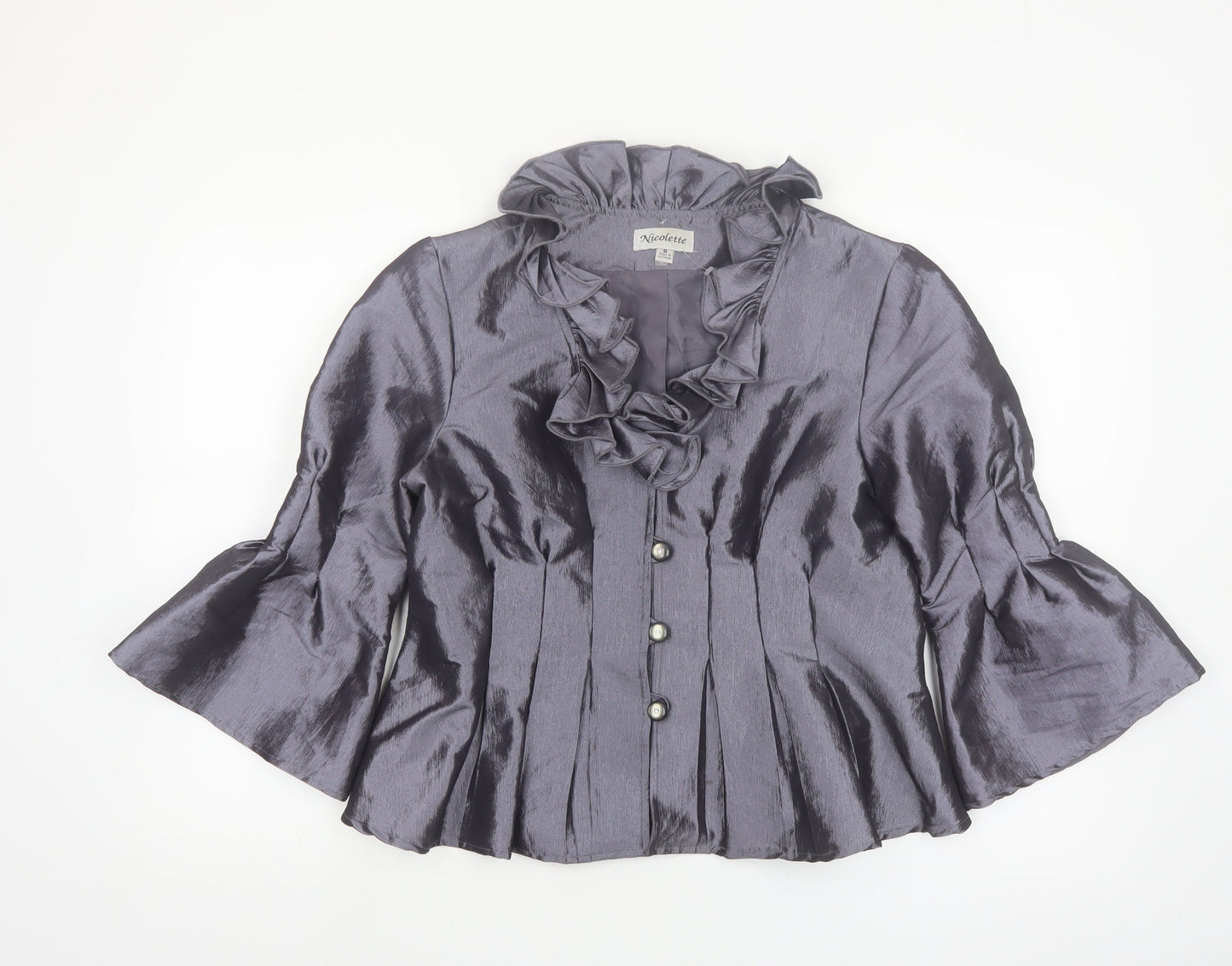 Nicolette Women's Grey Ruffle Satin Suit Jacket Size 8