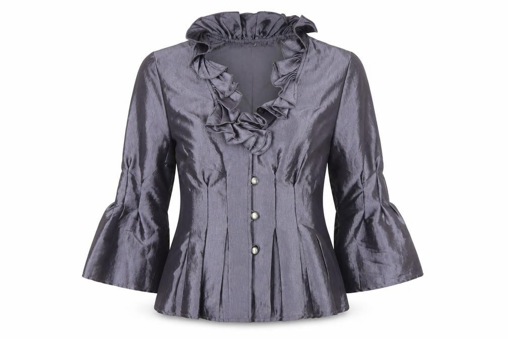 Nicolette Women's Grey Ruffle Satin Suit Jacket Size 8