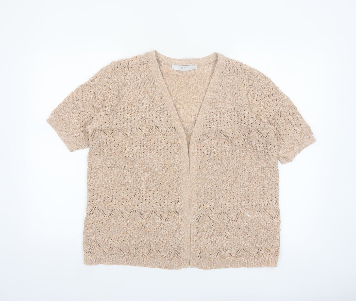 Isle Women Beige Open Knit Short Sleeve V-Neck Cardigan Size 14-16