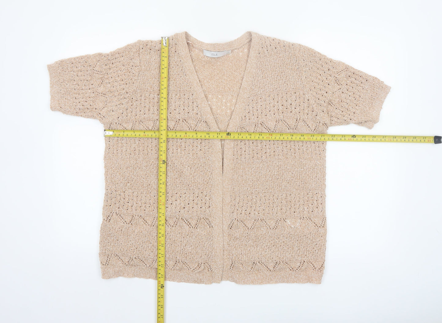 Isle Women Beige Open Knit Short Sleeve V-Neck Cardigan Size 14-16
