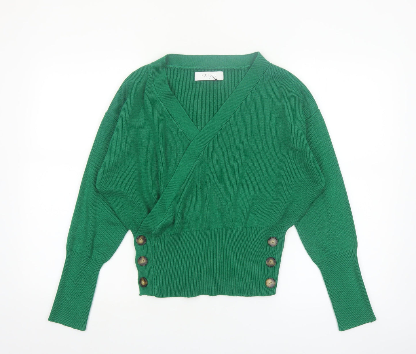 Paisie Women Green Wrap Jumper L V-Neck Long Sleeve Knit