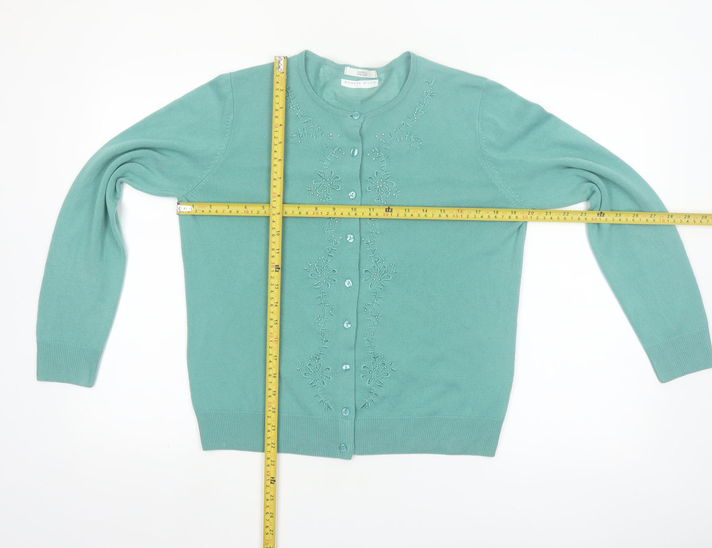 Marks and Spencer Women's Green Size 14 Embroidered Knit Cardigan