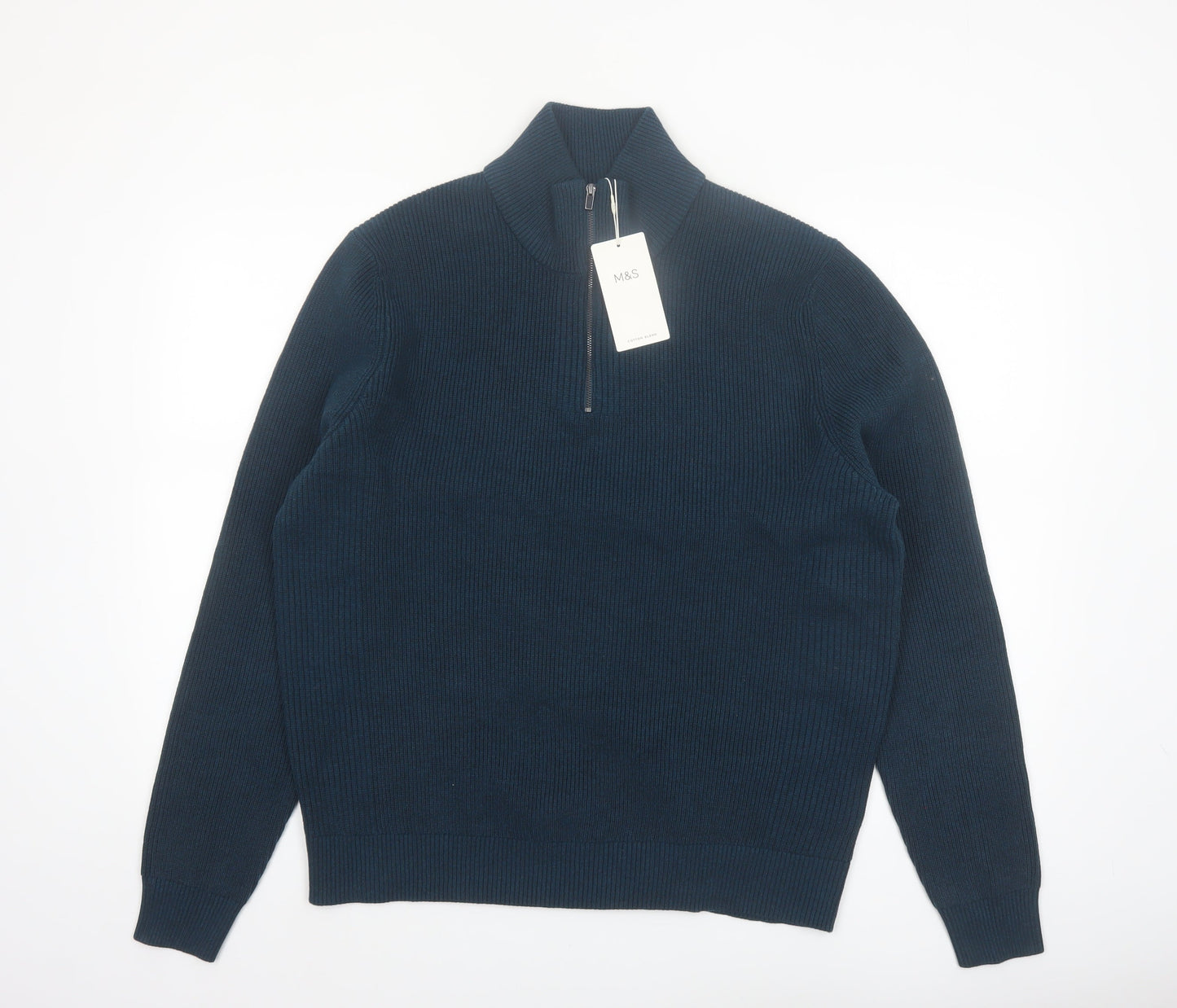 Marks and Spencer Men’s Blue Cotton Blend 1/2 Zip Jumper L Regular