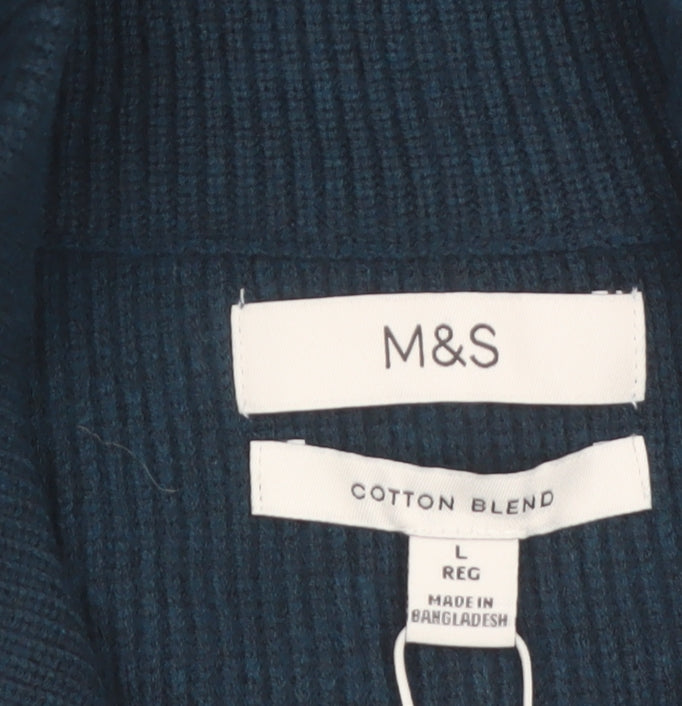 Marks and Spencer Men’s Blue Cotton Blend 1/2 Zip Jumper L Regular