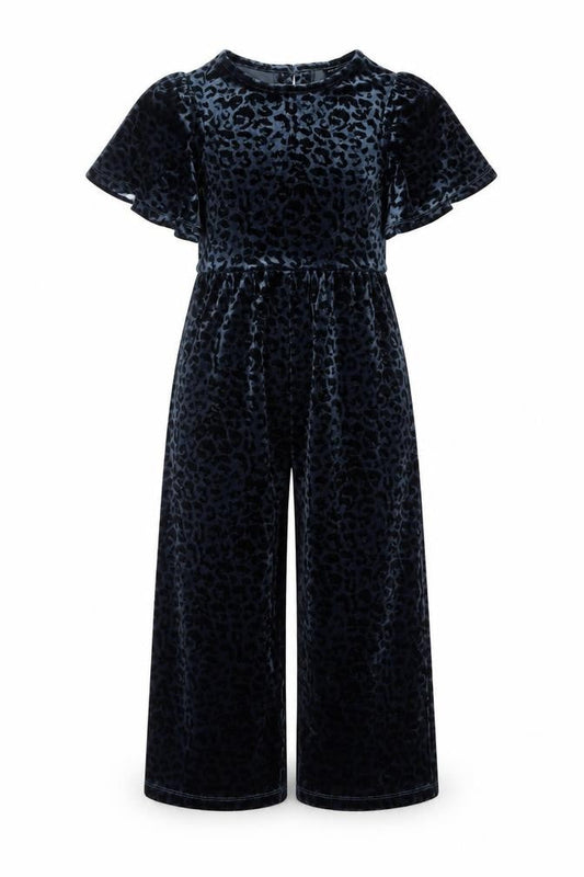 Next Girls Blue Velvet Leopard Print Jumpsuit 7 Years Short Sleeve Party Wear